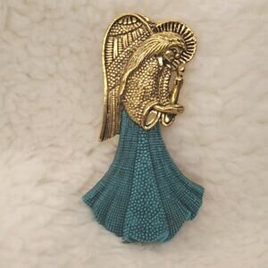 Angel with Candle Brooch Gold Tone and Teal